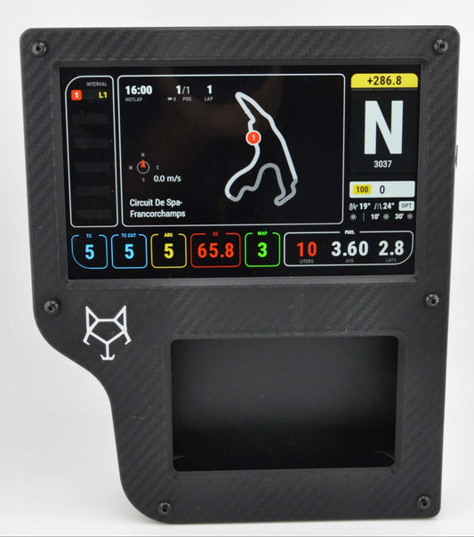 Wolf Sim Racing 6.8-inch VoCore sim racing dashboard mount with carbon fiber finish and SimHub telemetry display