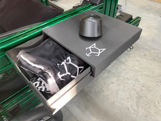 Sim racing mousepad with integrated storage drawer, carbon fiber finish, Wolf Sim Racing