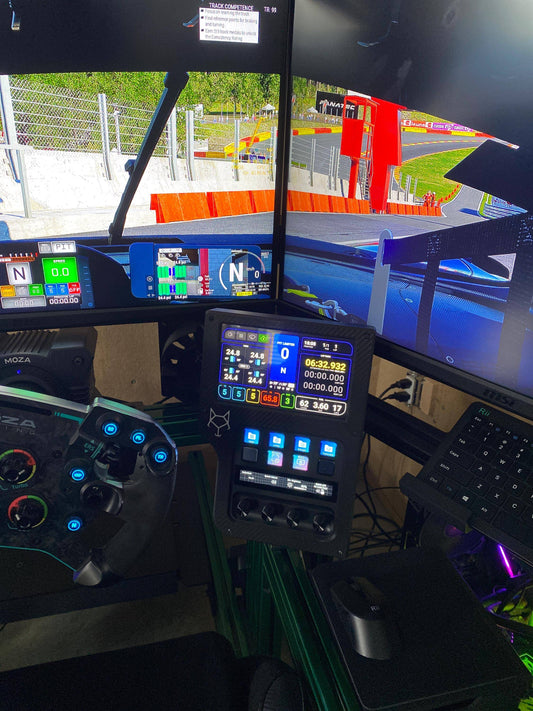 Stream Deck+ sim racing dashboard mounted in racing cockpit with VoCore 6.8 display