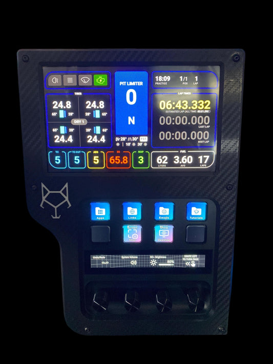 Wolf Sim Racing Stream Deck+ dashboard mount with VoCore 6.8 touchscreen display
