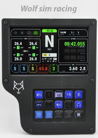 6.8” VoCore sim racing dashboard mount compatible with SimHub and Stream Deck. Optional touchscreen display, carbon fiber look, VESA mount support.